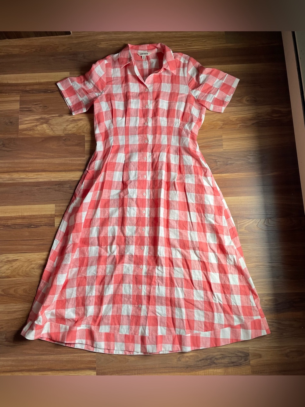 Boden Gingham Rose Red Louise 100% Linen Midi Shirt Dress Size 12R - Picture 3 of 8